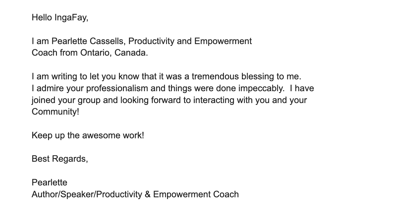 Screen shot of a testimonials from Pearlette Cassells, Productivity And Empowerment Coach